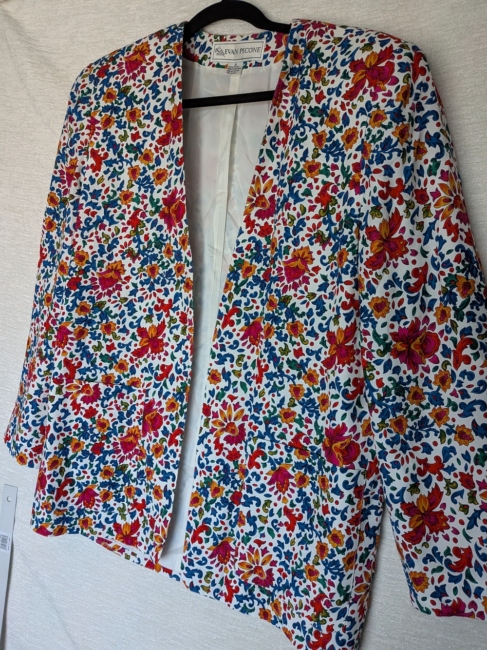 Vintage Evan Picone Multicolor Floral Open-Front Jacket Rayon Shoulder Pads